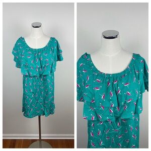 Escapada Living Green Pink Flamingo Ruffle Dress Women Large Tropical Casual